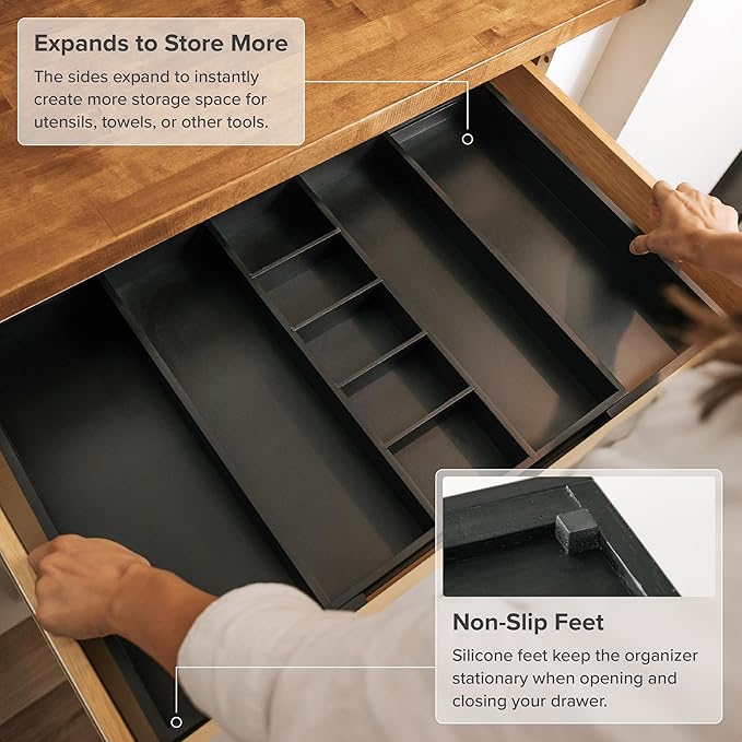 KitchenEdge Adjustable Kitchen Drawer Organizer for Utensils and Junk, Food-Safe Contract Grade with 100% Sustainable Wood