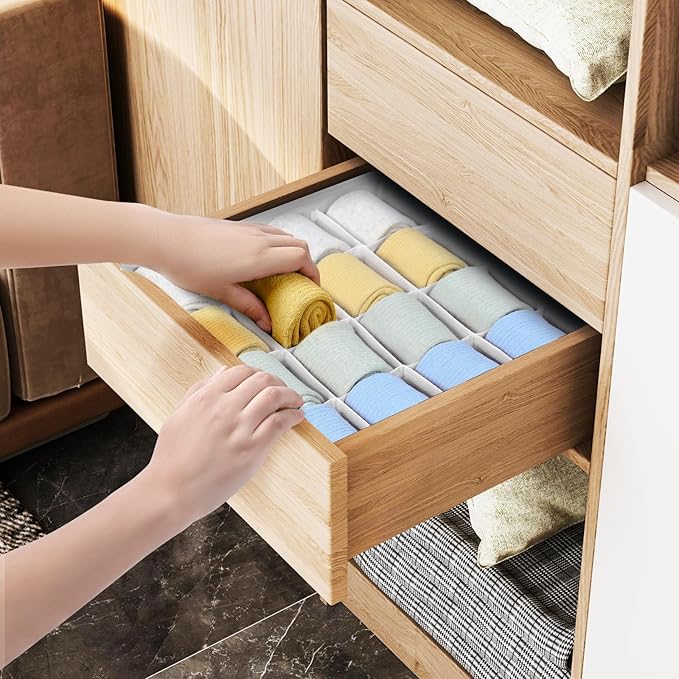 Joyoldelf Sock Drawer Organizer Divider, 16-Cell Underwear Organizers and Storage Fabric Drawer Organizer for Socks, Lingerie, Handkerchiefs, Ties Black, 2 Packs (White)