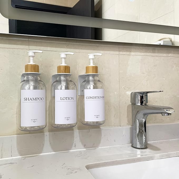 Shampoo Dispenser for Shower Wall, Shampoo and Conditioner Dispenser with 16 Waterproof Labels, No Drill Shower Soap Dispenser Bathroom, Shower Soap Dispenser Wall Mounted,17oz, 3 Pack, Clear