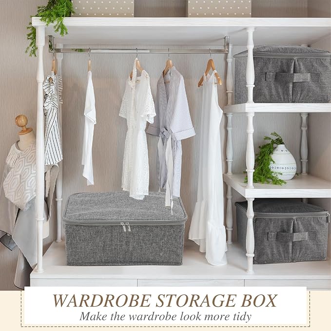 Soaoo 5 Pcs Fabric Storage Bins with Zipper Lids and Handle 15 x 10 x 6'' Rigid Collapsible Washable Wardrobe Storage Boxes Stackable Foldable Closet Organizer Containers Cubes, Gray