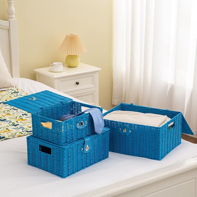Set of 3 Woven Wicker Storage Basket Box with Lids & Lock, Blue