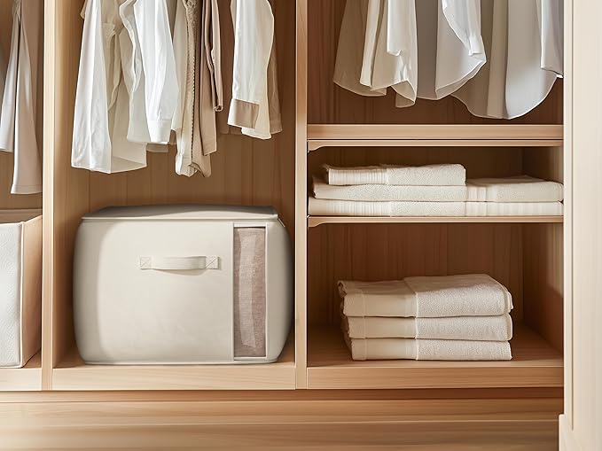 Large Canvas Clothes Storage Bags with Thick Handles and Clear Window, Foldable Cotton Linen Closet Organizer for Clothing, Blankets and Bedding, 70L