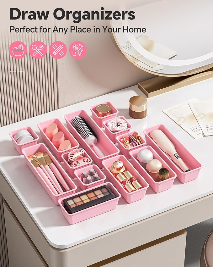 13 Pack Plastic Drawer Organizers Set, Pink