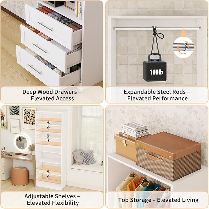 Closet System with 3 Sets, 6-15.8FT Custom Closet Organizer System with 6 Drawers & 8 Shelves & 5 Hanging Rods, Max 189"W Closet Shelving System