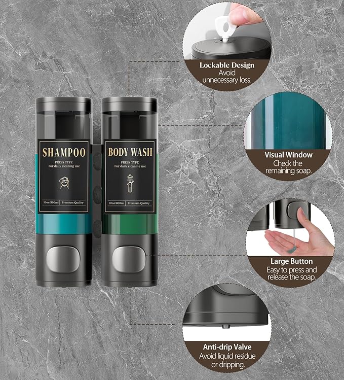 Luxspire Shampoo and Conditioner Dispenser, No Drill Wall Mounted Shower Soap Dispenser 2 Chamber with Waterproof Labels, Easy Refill Soap Dispenser for Bathroom Hotel Kitchen, Gray