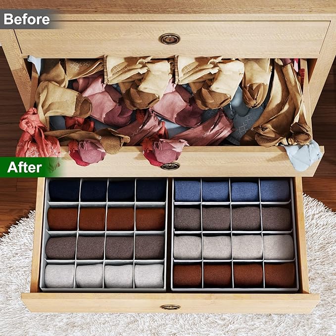 Joyoldelf Sock Drawer Organizer Divider Underwear Organizer 16-cell Fabric Dresser Drawer Organizers Storage Boxes for Socks Lingerie, Handkerchiefs, Ties 4 Pack (Blended-Grey)