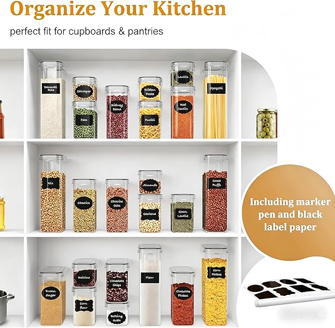 stusgo 28 Pack Airtight Food Storage Containers with Lids, BPA Free Clear Pantry Storage Container for Kitchen Food Pantry Organizers and Storage, Plastic Pantry Organiser for Cereal,Flour and Sugar