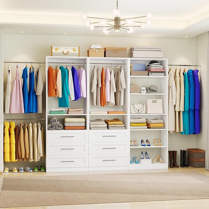 Closet System with 3 Sets, 6-15.8FT Custom Closet Organizer System with 6 Drawers & 8 Shelves & 5 Hanging Rods, Max 189"W Closet Shelving System