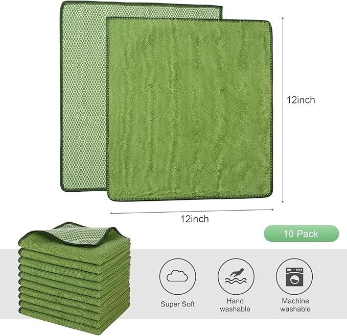 SINLAND Microfiber Dish Cloth for Washing Dishes Dish Washing Rags Best Kitchen Washcloth Cleaning Cloths Wash Cloths with Poly Scour Side 12Inchx12Inch 10 Pack Green