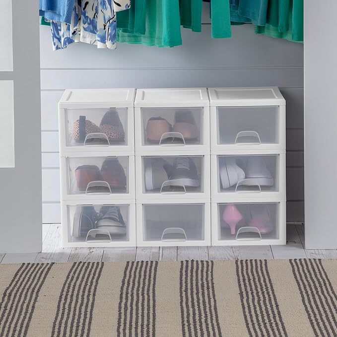 6-Pack Stacking Drawer, Clear Storage Closet Organizer, 6 Quart, White Frame