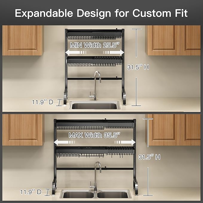 3 Tier Extra Large Stainless Steel Expandable Over The Sink Dish Drainer Drying Rack, Rust Proof Metal, Space Saving, Modern Black Big Capacity Extendable Plate Strainers Above Kitchen Counter