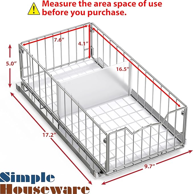 Simple Houseware Pull-Out Cabinet Sliding Basket Organizer, 17.2" D x 9.7" W x 5" H – Chrome Finished, Ideal for Kitchen and Bathroom Cabinet Storage, Under Sink or Pantry Organization