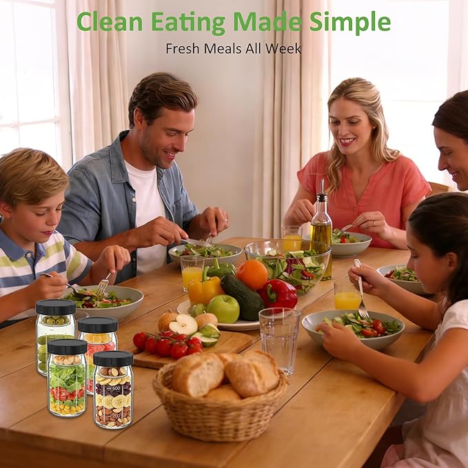 4Pack Glass Salad Jars with Lids, 32oz Salads Mason Jars with Wet/Dry Separation Cup, Meal Prep Salad Containers for Lunch