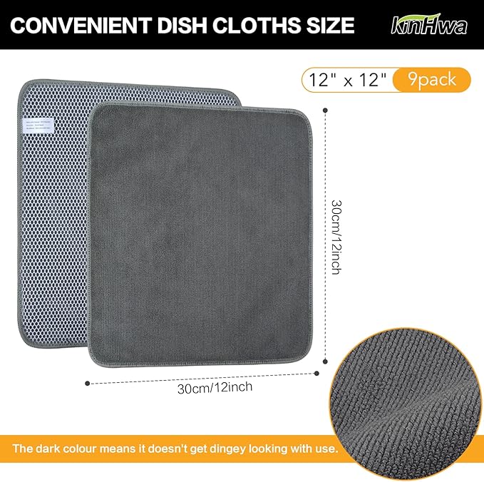 KinHwa Kitchen Washcloths for Dishes Absorbent Microfiber Dish Cloths Quick Dry Dish Rags with Poly Scour Scrub Side Ideal for Kitchen Cleaning and Housekeeping (Gray, 12inchx12inch 9 Pack)