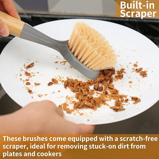 2 Pack Kitchen Dish Brush Bamboo Handle Dish Scrubber Built-in Scraper, Scrub Brush for Pans, Pots, Kitchen Sink Cleaning, Dishwashing and Cleaning Brushes are Perfect Cleaning Tools, Color-Gray