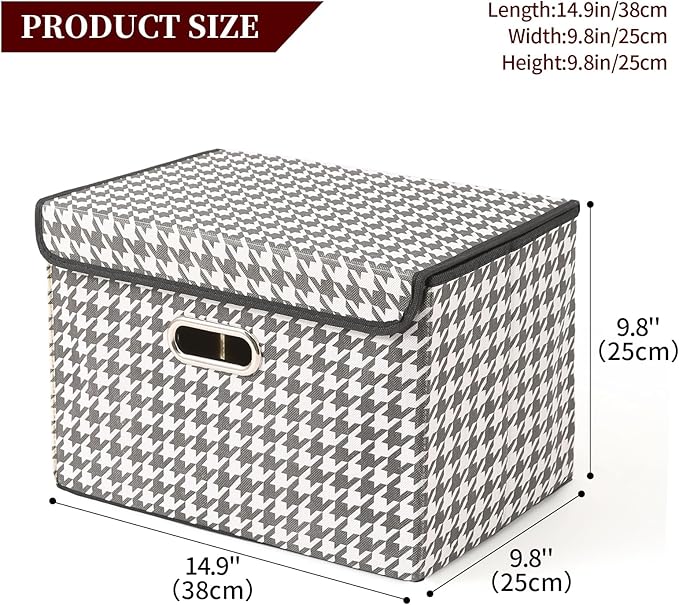 STOREONE Fabric Storage Cube Bins Foldable Organizer Container Collapsible Basket with Lids and Metal Handles, for Home, Bedroom, Closet 6 Pcs (Houndstooth)