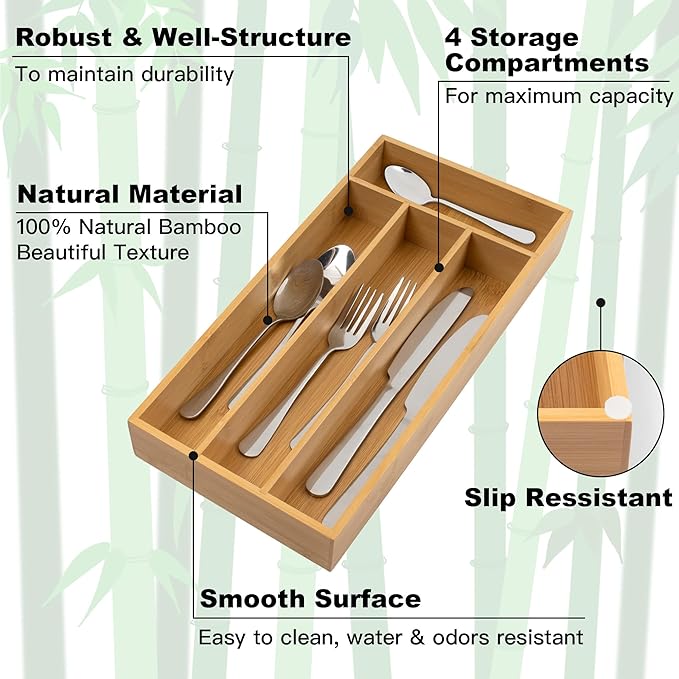 Silverware Organizer - Bamboo Kitchen Drawer Utensil Holder with 4 Slots (Natural)