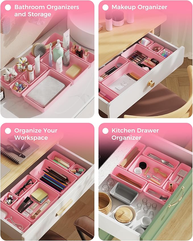 25 PCS Plastic Drawer Organizers Set, 4-Sizes Vanity and Makeup Organizer, Pink