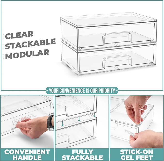 Sorbus Acrylic Storage Containers - 2 Pack, Stackable Storage Bins Set for Bathroom Organization - Clear Acrylic Drawer Organizers - Makeup Case Pull-Out Drawers (12.1’’ Wide)