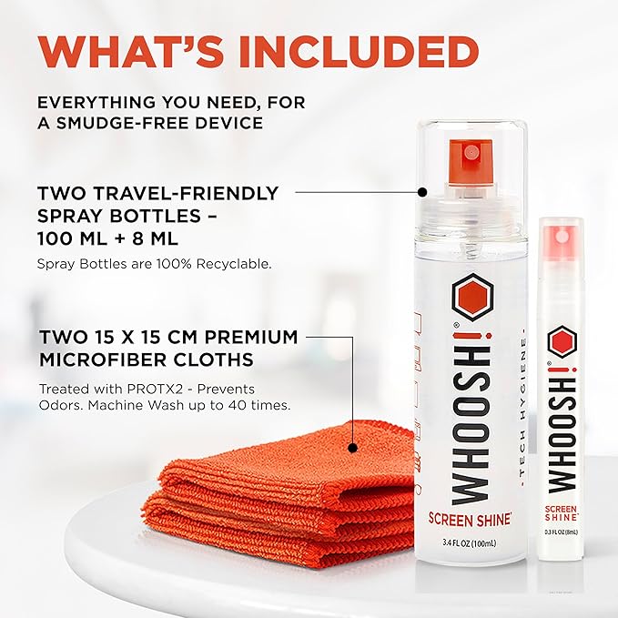 WHOOSH! Screen Shine Duo - Screen Cleaner Spray for iPad, Monitor, Laptop, MacBook - 3.4 oz & 0.3 oz Bottles with 2 Microfiber Cloths - Portable Electronic Cleaning Kit for Travel, Office, and Home