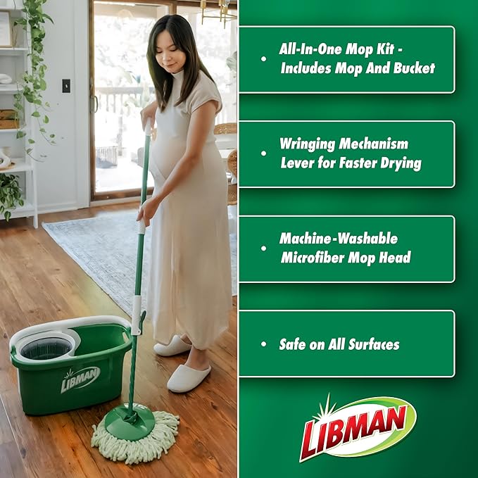 Libman Tornado Spin Mop System with Refill Heads, Microfiber Spinning Mop and Bucket with Wringer Set for Home, Floor Cleaning of Hard-Wood, Laminate, Tile, All Surface Cleaner