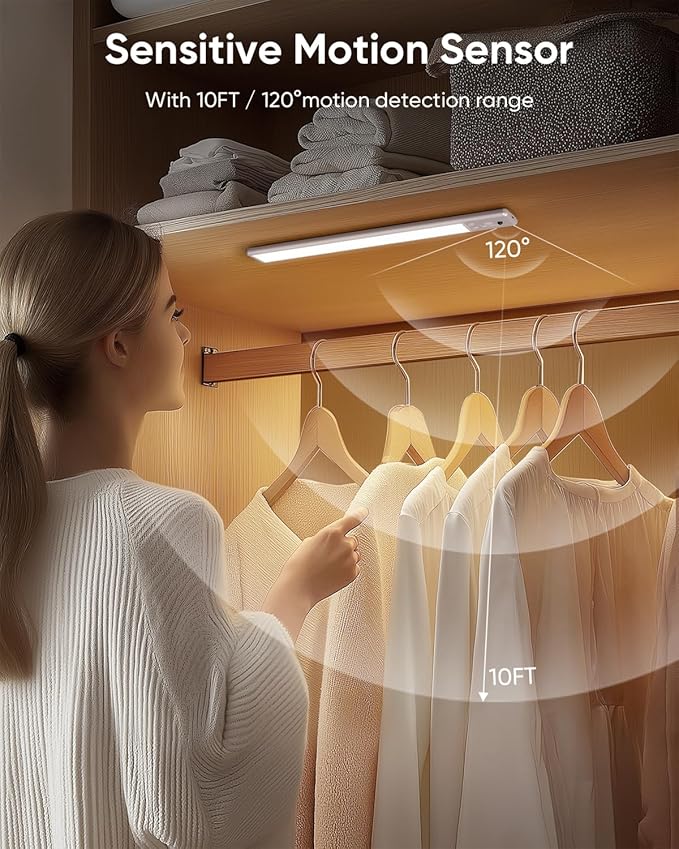 Under Cabinet Lighting Wireless, 2200mAh Rechargeable Motion Sensor Light Indoor, 3 Color Temps, Dimmable, Wireless LED Closet Lights Remote, Magnetic Under Counter Light for Kitchen, Pantry, 4 Pack