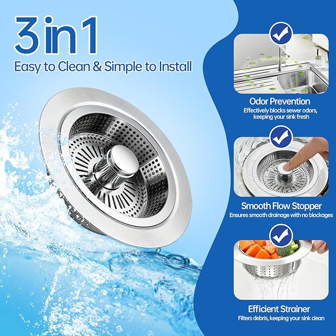 Kitchen Sink Drain Strainer & Stopper: Upgraded 3 in 1 SUS304 Stainless Steel Drain Plug with Anti-Clog Basket Drain Stopper Combo