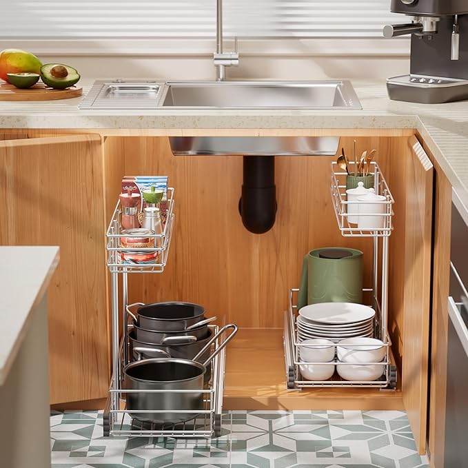 Under Sink Organizer 2 Packs, Pull Out Cabinet Organizer 2 Tier
