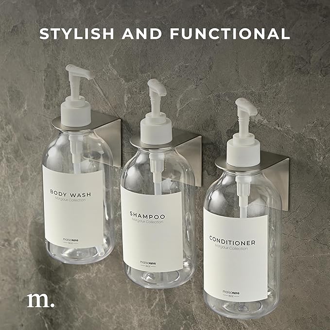 MAISONOVO Adhesive Soap Holder | Shampoo Bottle Holder Set of 2 - Silver | Soap Bottle Holder | Wall Mounted Soap Holder | Soap Dispenser Holder