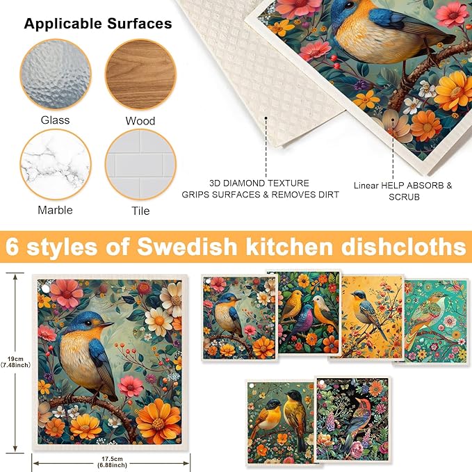 6 Pack Swedish Dishcloths for Kitchen - Reusable Dish Paper Towels Wash Cloths Washable,Absorbent Cellulose Cleaning Sponge Cloth Wipes Quick Dry, Decorative Tea Towels,No Odor Biodegradable(Bird)