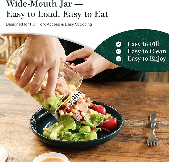LIBWYS Glass Salad Jars with Lids Meal Prep, 34oz Larger Square Containers for Home Storage & Lunch, Built-In Leakproof Compartments