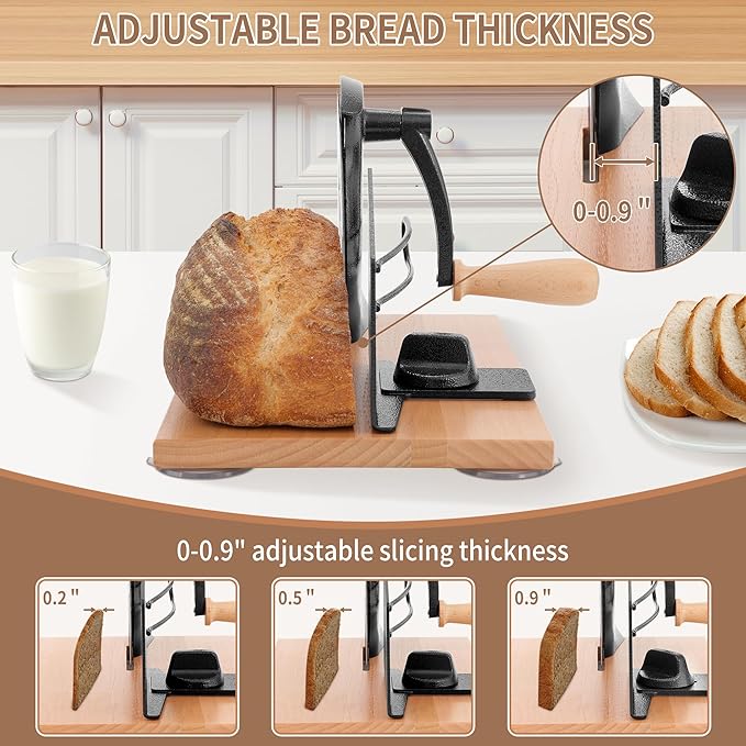 CAWIU Manual Bread Slicer with Hand Crank- Adjustable Thickness Bread Cutter for Even Slices, Perfect for Homemade Sourdough, Sandwich, and More, Black