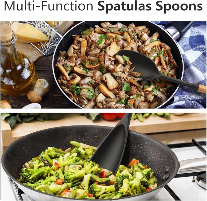 2 Pcs Silicone Spatula Spoon Set with Wood Handle - Kitchen Cooking Utensil for Non-Stick Pans, Mixing & Serving - Heat Resistant Flexible & Ladle for Cooking, Flipping, Stirring