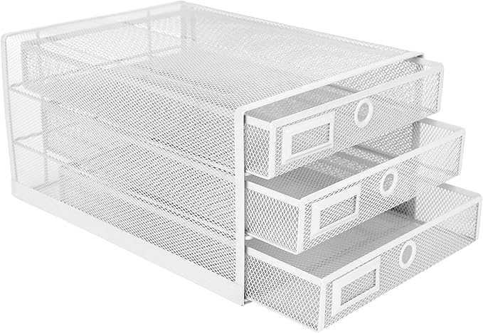 Annova Desk Organizer Wire Mesh 3 Tier Sliding Drawers Paper, White