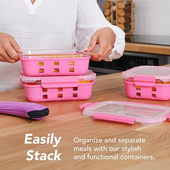 ECOBERI 4.5 Cup Glass Meal Prep Containers with Lids & Silicone Sleeves, 3-Pack Airtight, Leak-Resistant Food Storage Containers for Fridge, Freezer