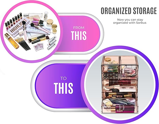Sorbus Acrylic Makeup Organizer Set, 7-Drawer Vanity & Countertop Cosmetic Storage with Small & Wide Drawers, Bronze Glow Makeup Storage for Brushes