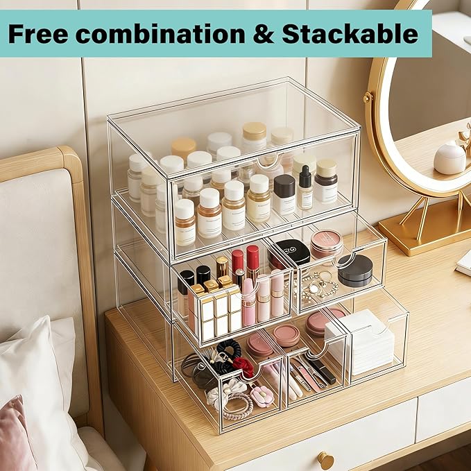 Prsildan Acrylic Makeup Organizer, 3 Pack Stackable Storage Drawers with 9 Drawers for Office Desk Vanity Craft Room Clear Drawer Organizers for Hair