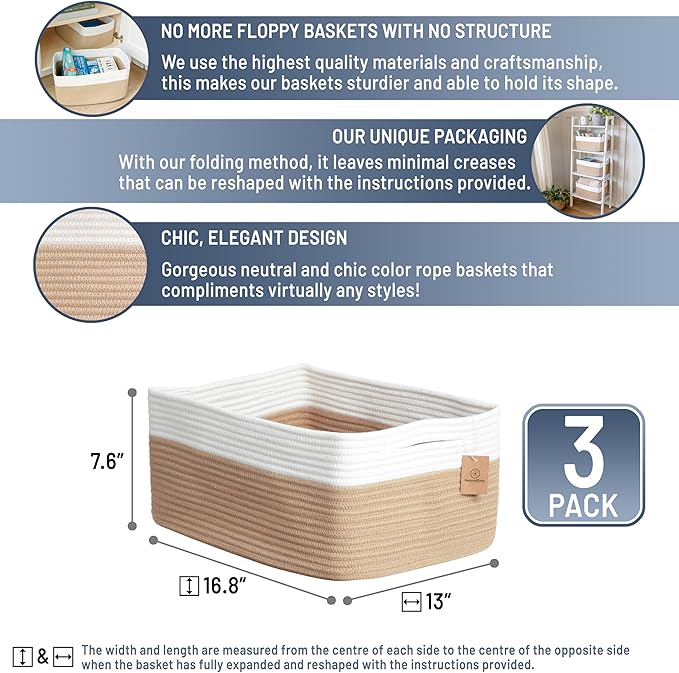 NaturalCozy Storage Baskets 16.8”x13”x7.6” Cotton Rope Woven Baskets for Organizing 3-Pack | Toy Storage Bins | Basket for Shelves, Laundry, Blanket