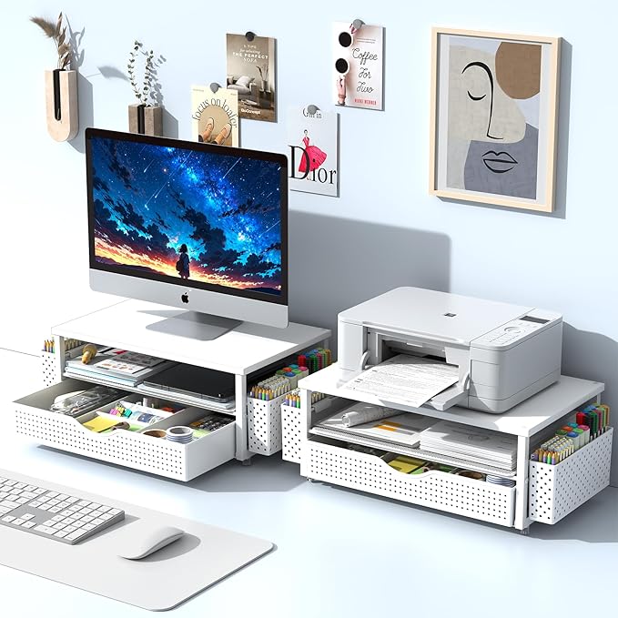 Spacrea Desk Organizer and Accessories, Computer Monitor Stand Riser with Drawer and 2 Pen Holders
