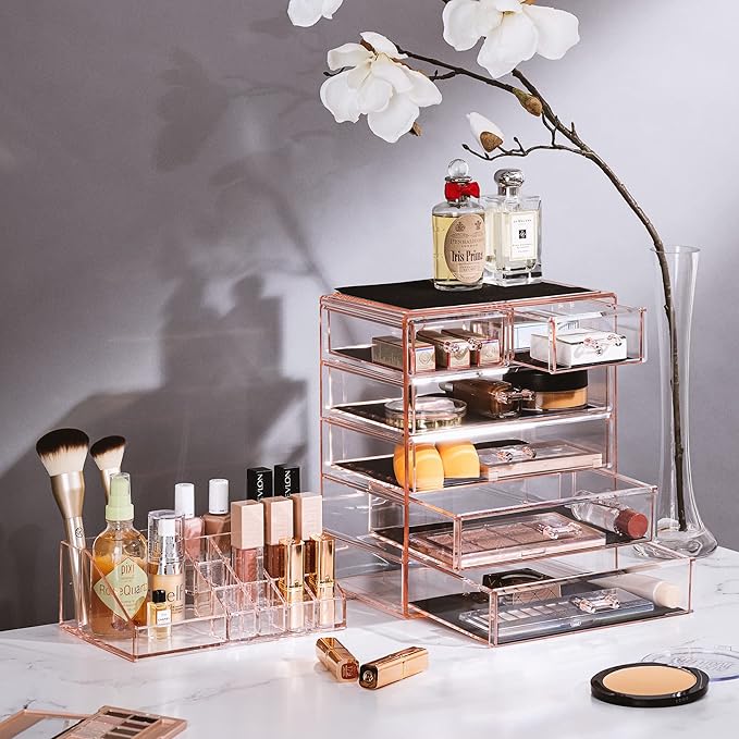 Sorbus Acrylic Makeup Organizer Set, 6-Drawer Vanity & Countertop Cosmetic Storage with Small & Wide Compartments, Pink Makeup Storage for Brushes