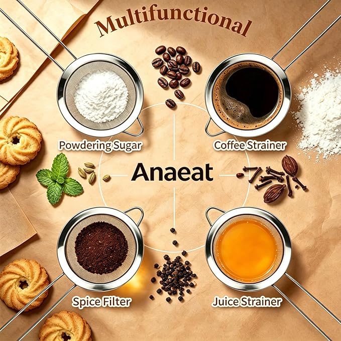 Anaeat Fine Mesh Strainers - Premium Stainless Steel Colander Sieve Sifters, with Durable Mesh and Sturdy Handle