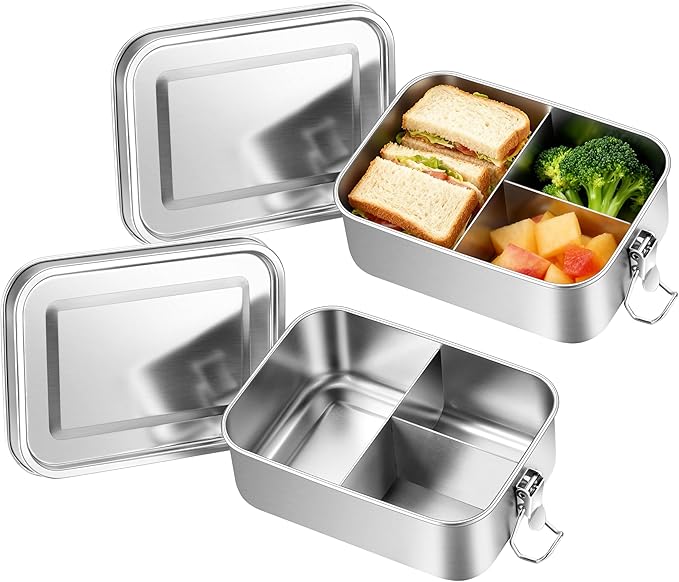 Leonyo 2 Pack 18/10 Stainless Steel Lunch Box for Adults 47oz, 1400ml Metal Bento Box with Removable Divider
