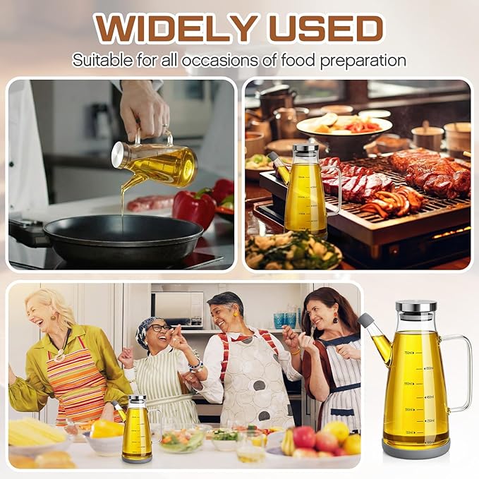 Zhehao 2 Pcs Glass Oil Bottle 25oz/750ml Cooking Oil Dispenser with Stainless Steel lid Drip Free Spout Non Slip Bottom for Kitchen Cooking Barbecue Party