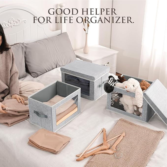 Storage Baskets with Lids, 4 Pack Large Box Organizer with Window
