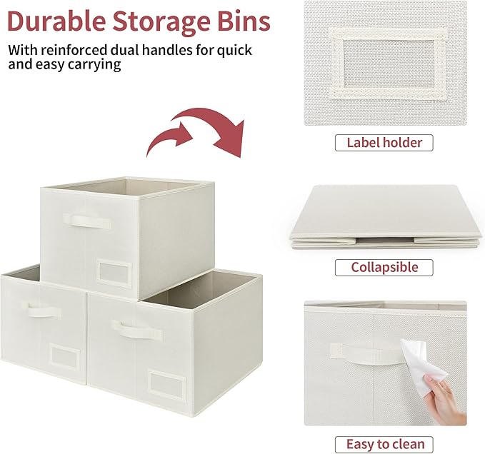 GRANNY SAYS Cloth Storage Bin with Label Holder, Closet Organizers and Storage Shelves, Sweater Storage Boxes for Closet Room, Storage Baskets for Organizing, Pearl White, Large, 3-Pack