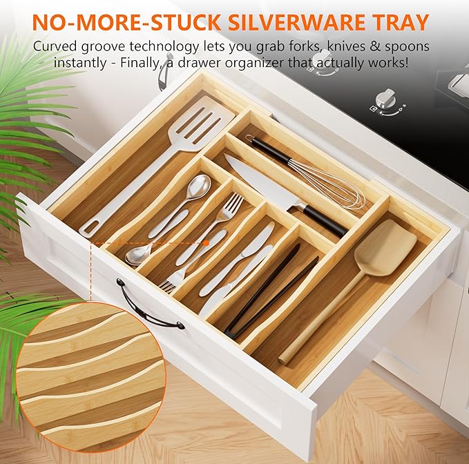 Bamboo Expandable Drawer Organizer Tray with Dividers, Adjustable Kitchen Flatware Organizers for Utensils & Silverware, 6-8 Slots Curved Groove Storage (Natural)