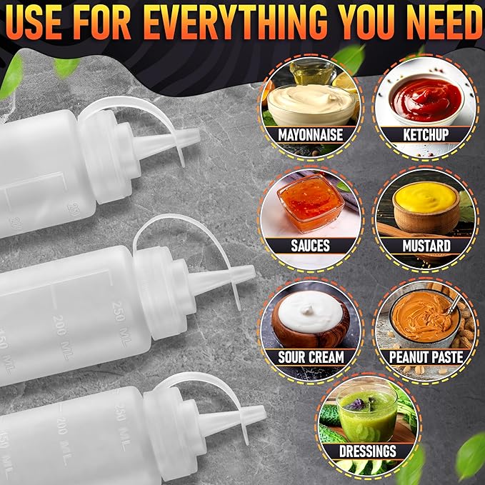 10-Pack Plastic Condiment Squeeze Bottles 8 oz – Refillable Leak-Resistant Squirt Bottles with Narrow Tip | Great for Oil, Sauces, Ketchup, Mayonnaise, Syrup, Dressing, BBQ, & Pantry Organization