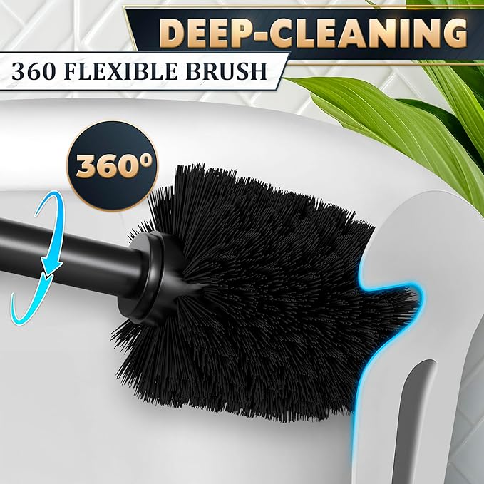 Black Toilet Brush and Holder Set - Scratch Resistant Black Toilet Bowl Brush and Holder with Soft Bristles Replaceable Head, Protection from Splashes, and Compact Design - for Effective Cleaning