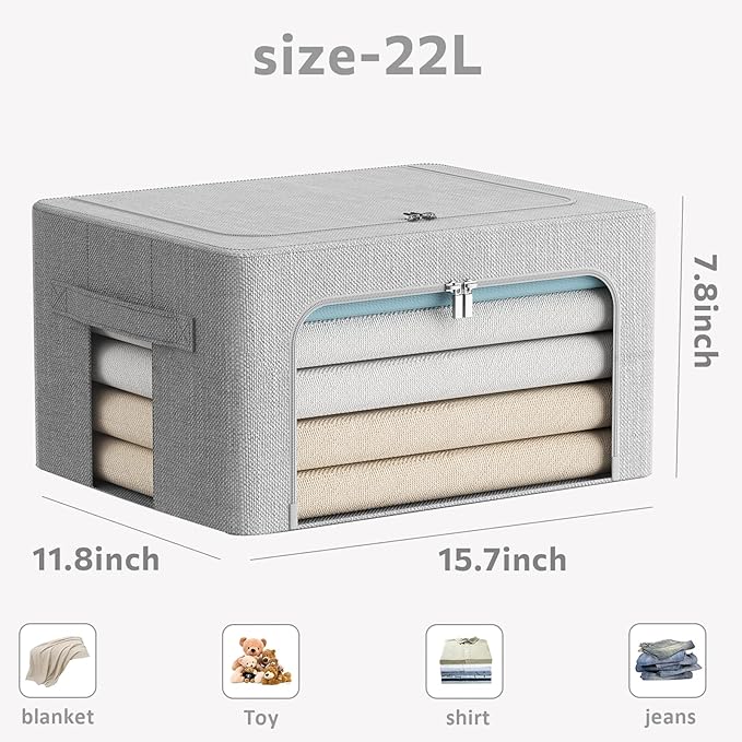 FHSQX 2 Pack Clothes Storage Bins Stackable Metal Frame Storage Box Foldable Linen Fabric Organizer with Carrying Handles and Clear Window (Light Gray, 15.7x 11.8x 7.8Inch)