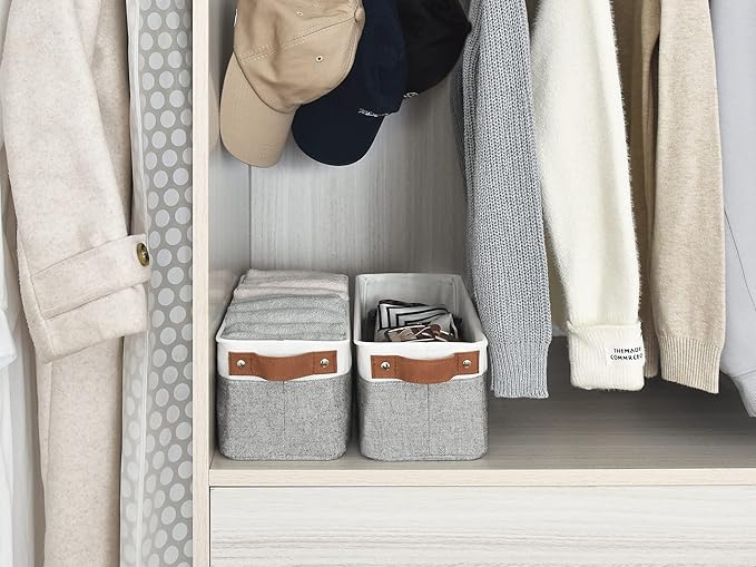 StorageWorks Narrow Storage Bins, Small Basket for Closet and Shelves, Fabric Organizer with Handles, Toilet Paper Storage, Grey and White, 2-Pack